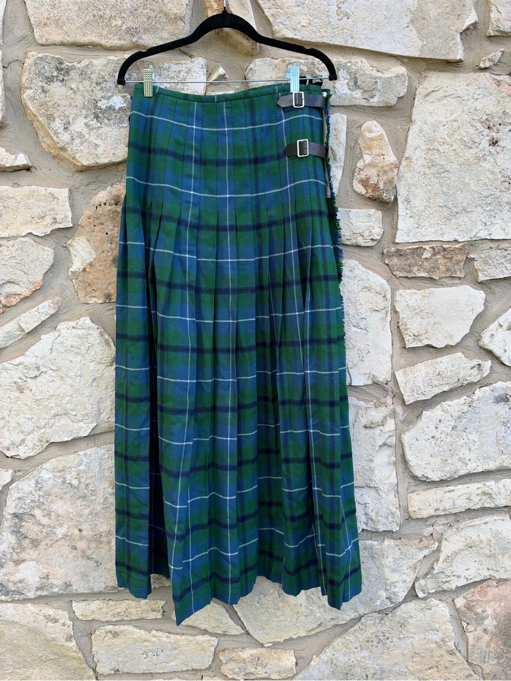 vintage green blue plaid wool kilt skirt made by The Highland House of Lawrie